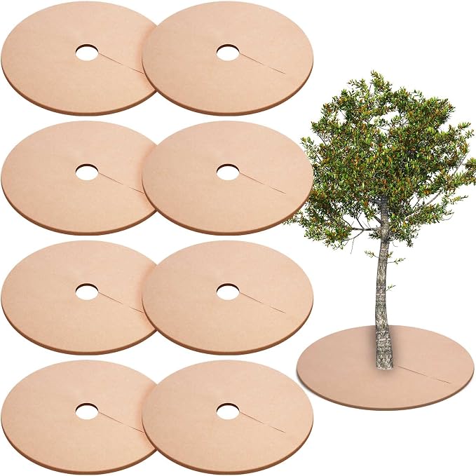 Shimeyao 8 Pack 32.2 Inch Non Woven Tree Mulch Ring Thickened Tree Mat Protector Reusable Trees Weed Mat Round Fabric Trees Root Barrier or Landscape Weed Barrier Plant Root Protection(Khaki)