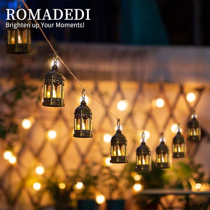 Mini Lanterns Decorative for Wedding Centerpiece - 20 Pcs Romadedi Hanging Small Gold Lantern Bulk with Flickering LED Candles for Halloween Decorations, Christmas Table Decor, Batteries Included