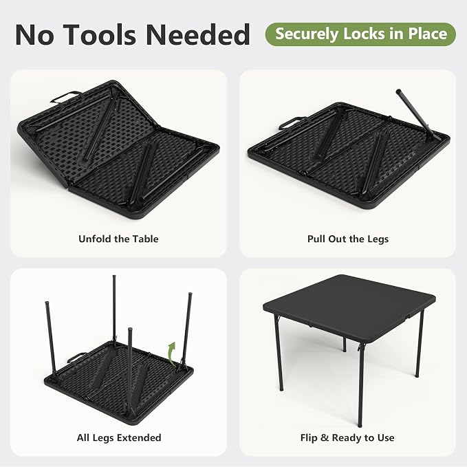 Folding Table 2 Pack, 36 Inch Square Foldable Card Tables, No Assembly Portable Folding Tables, Heavy Duty Fold-in-Half Tables with Carry Handles for Camping, Picnic, Parties, RV Travel & Indoor Use