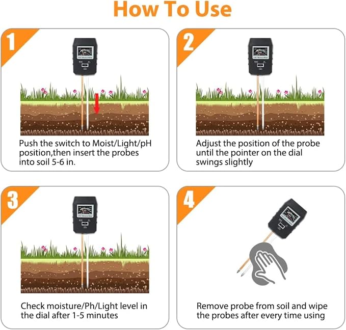 3-in-1 Soil pH, Moisture & Light Meter – No Battery Needed | Accurate & Easy-to-Use Plant Tester for Garden, Lawn & Indoor Plants | Dual Probe Design for Fast & Reliable Readings