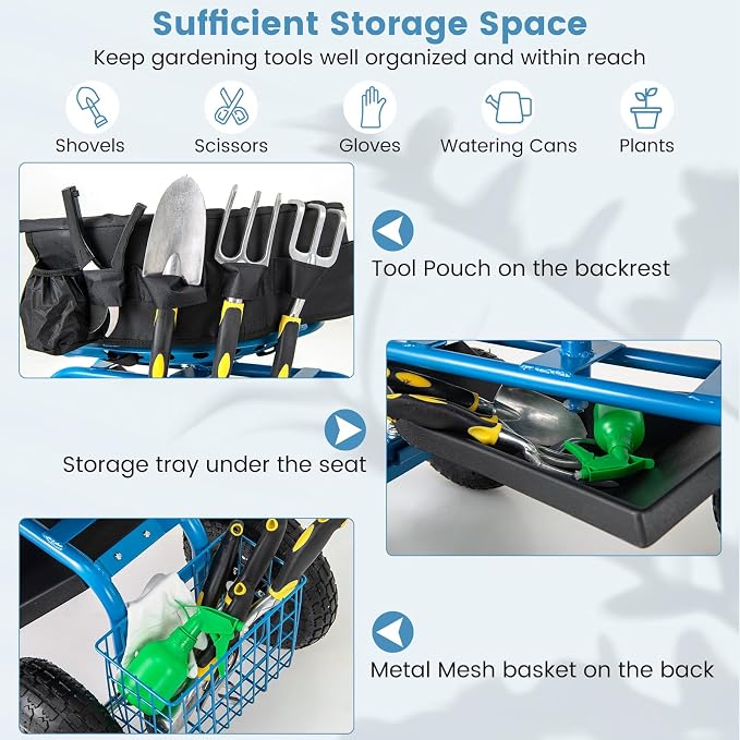 Garden Cart with Seat, Heavy-Duty Rolling Wagon Scooter with Wheels, Height Adjustable & 360° Swivel Seat, Storage Tray, Basket & Handle, Outdoor Gardening Work Seat for Patio Yard(Blue)