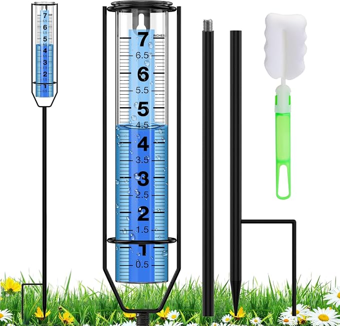 BoArt Rain Gauge, 7" Freeze-Proof Thickened Transparent Plastic Rain Gauge Outdoor, Large Clear Numbers and Adjustable Height Rain Measuring Tool for Garden, Lawn, Patio, and Farm Use