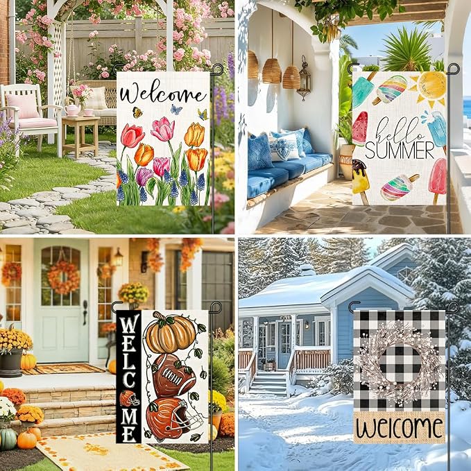 12 Pack Seasonal Garden Flags Set 12x18 Double Sided Burlap, Small Yard Flags for Outside All Seasons, Holiday Outdoor Decorations for Christmas Fall Thanksgiving 4th of July Patriotic Spring Summer