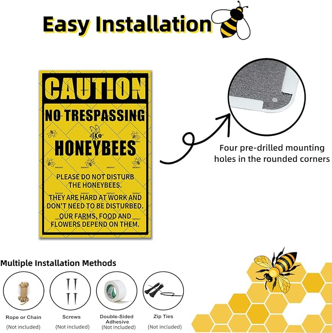 EMOHAT Caution No Trespassing Honeybees Metal Tin Sign, Honeybees at Work Warning Sign for Garden Farm Orchard, 8x12 Inch Rustic Novelty Decor for Garage Home Outdoor
