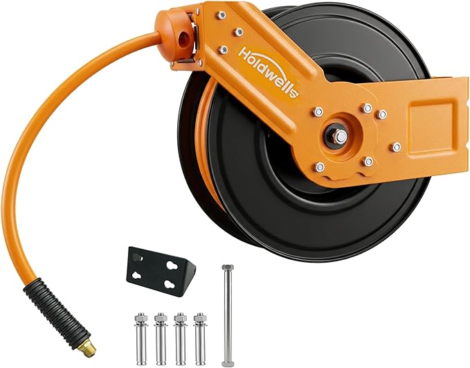Retractable Air Hose Reel, 3/8" x 50FT Hybrid Air Hose, 300PSI Max, Auto-Rewind & Length-Lock, 1/4" NPT Fitting, Ceiling/Wall Mount Heavy Duty Single Arm Steel Reel for Workshop/Garage