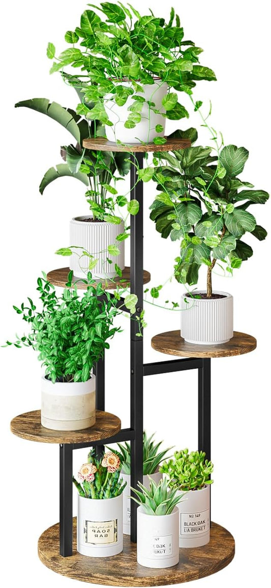 INGIORDAR Plant Stand Indoor Outdoor Corner Plant Shelf for Multiple Flower Pots Flower Stand Holder for Patio Garden Balcony Living Room (Black+Rustic Brown, 5 Tier)