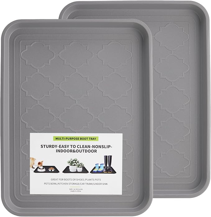 Boot Tray 2 Packs All Seasons Multi-Purpose, Waterproof Boot Trays for Entryway Indoor & Outdoor, Non-Slip Shoe Tray, 16.7"x12.8",Grey