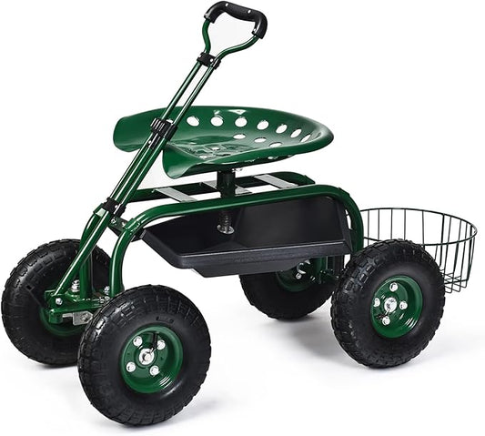 IRONMAX Garden Cart with Seat, Gardening Rolling Stool Scooter with 10’’ All-Terrain Wheels, Adjustable Steering Handle, Tool Tray and Basket, Outdoor Work Seat for Planting (Green)
