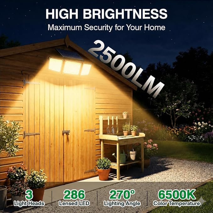 Solar Outdoor Lights Motion Sensor, 2500LM 286 LED Security Flood Lights with Visual Battery & Mode Display, 3 Lighting Modes, IP65 Waterproof 3-Head Wide Angle for Garage, Yard, Patio (4P Warm White)