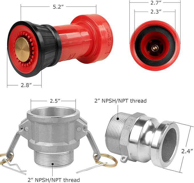 Fire Hose Nozzle,1-1/2 inch NPSH Heavy-Duty Industrial Fire Hose Constant Flow Fog Nozzle with 2pcs 1.5" Aluminum Camlock Fitting Coupling Equipment