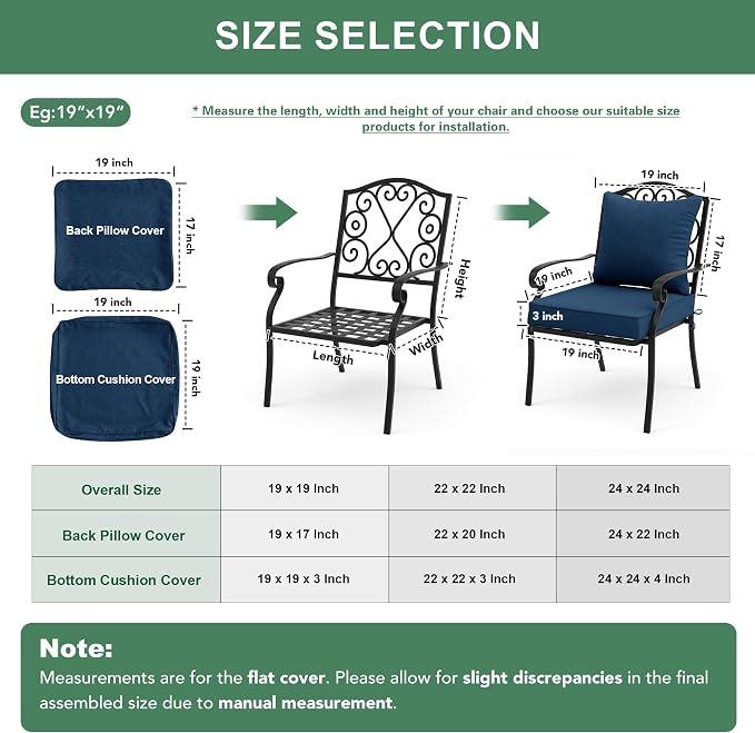 Summsun Outdoor Chair Cushions, Faux Linen Backrest and Seat Cushion Set for Patio Furniture with Weather Resistant Removable Cover, Straps, Non-Slip Bottom, 19 x 19 Inch, Navy