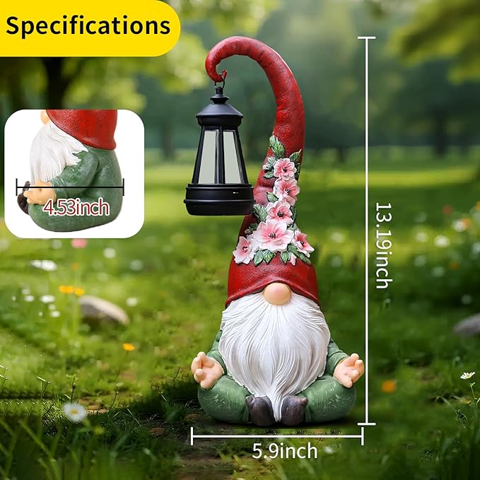 Garden Gnomes Statues Solar Lights Figurine Outdoor Lantern Lawn Porch Patio Yard Decor Balcony Home Zen Birthday Gifts for Grandma, Mom, Women, Sisters