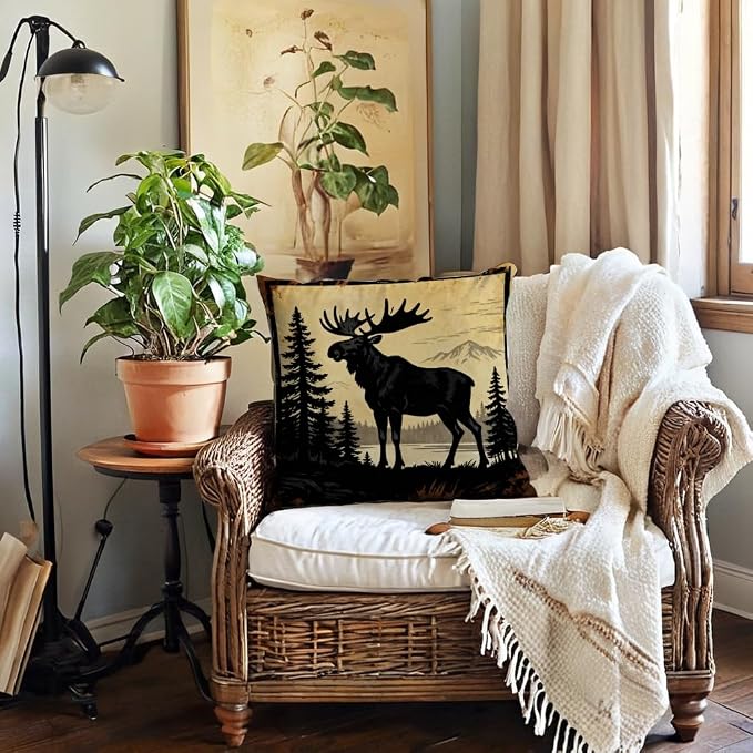 Vintage Wildlife Animal Pillow Covers 18x18 Inch Set of 4, Bear Moose Wolf Cabin Decor Throw Pillow Cases,Farmhouse Rustic Forest Sunset Cushion Covers for Living Room Sofa Lodge Home Decor(Brown)