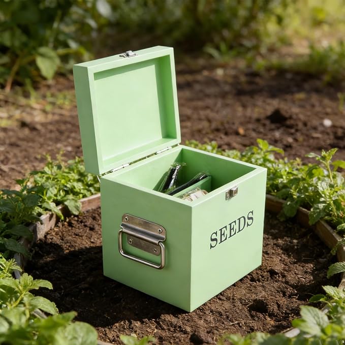 Seed Storage Organizer with 2 Dividers,Wooden Seed Saving Box with Lid, Seeds Bin Storage Container Kit with 2 Pens,20 Plant Labels and 50 Seeds Envelopes, Perfect for Flower Plants Garden