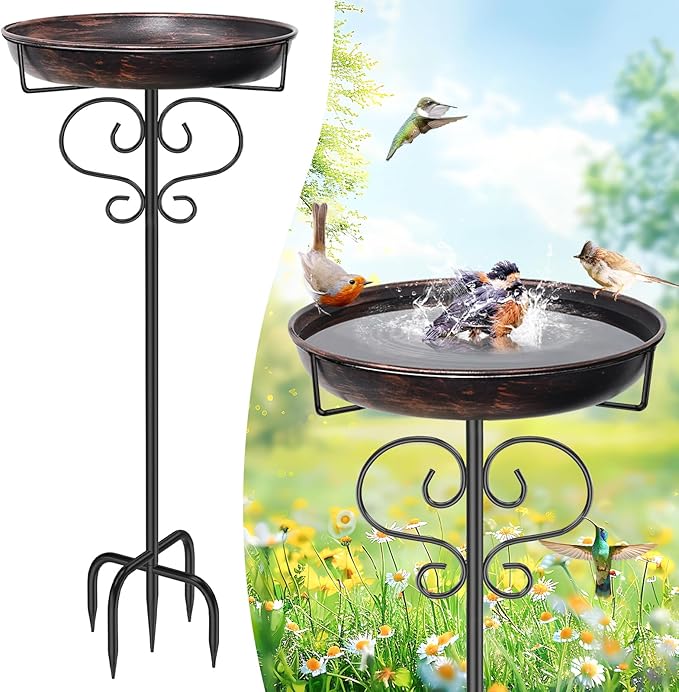 Freestanding Bird Bath for Outside, Metal Birdfeeder with Heavy Duty 5 Prong Base Stand, Detachable Garden Bird Bath Bowl for Outdoor Yard Lawn Patio Decor (Antique Bronze)
