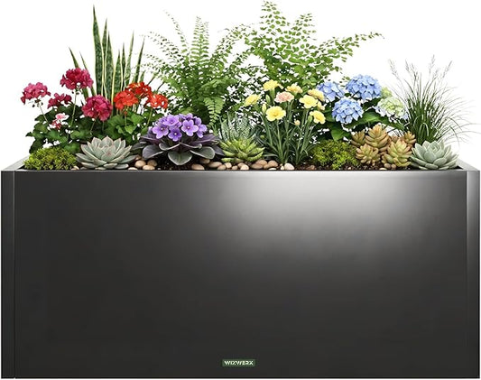 Rustproof Metal Planter Box 32 Inch Outdoor, Galvanized Steel Raised Garden Bed with Drainage Holes, Large Deep Rectangular Planter for Patio Balcony Porch Backyard