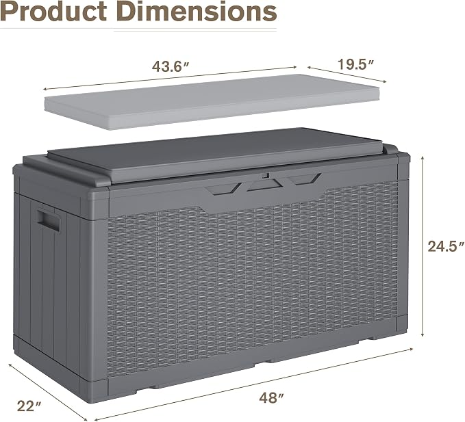 JUMMICO 100 Gallon Resin Deck Box with Cushion, Waterproof Outdoor Storage Box with Lockable Lid for Garden Tools, Patio Cushions (Gray)