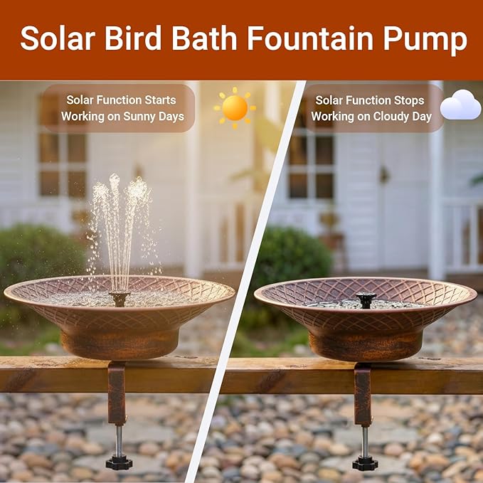 12.6" Deck Mounted Bird Bath for Outside, Metal Solar Powered Bird Bath Fountain, Heavy Duty Railing Clamp for Balcony Fence, Detachable Deck Bird Bath for Garden