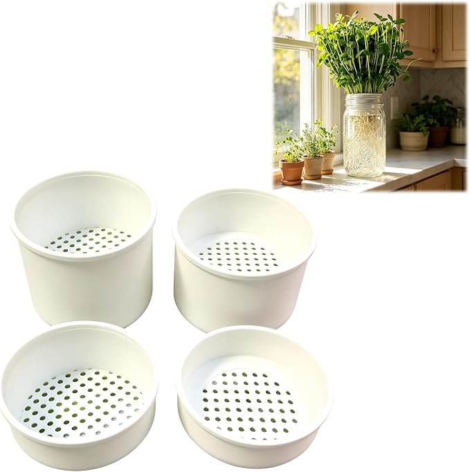 Microgreens Growing Kit for Wide Mouth Mason Jars, 4-Pack Deep & Shallow Hydroponic Growing Trays for Indoor Kitchen Gardening, Reusable Trays for Sprouts, Herbs, Pea Shoots