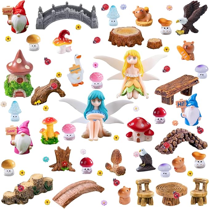 U-Zimikee 80 Pcs Fairy Garden Accessories Outdoor- Miniature Landscape Decoration with Bridge House Furniture Gnome Fairy Figurines Mini Resin Animals Miniature Garden Figures Bulk for Dollhouse Craft