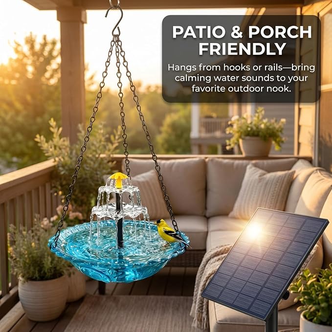 Hanging Solar Bird Bath Fountain EOHMAK Solar Powered Cascading Outdoor Water Fountain, Hanging Bird Bath with Water for Outdoors Garden Patio Backyard Lawn Decor (Blue)