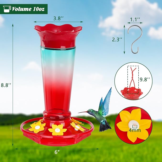 Gbekery Glass Hummingbird Feeders for Outdoors Hanging Ant and Bee Proof Red & Blue 10OZ 2Pack Bird Feeders for Outside Hanging 6 Feeding Stations Bird Nectar Feeder for Garden Yard Décor Gift for Mom