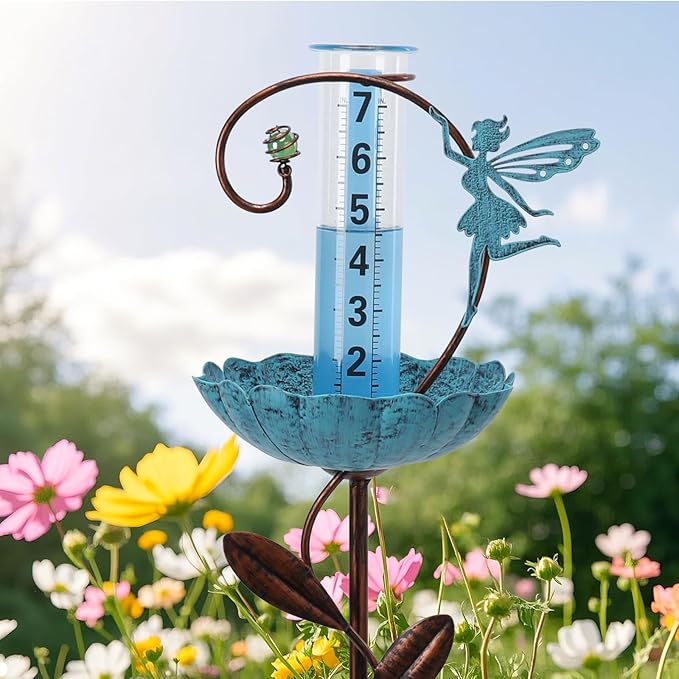 WONDER GARDEN Rain Gauge Outdoor, Decorative Fairy Rain Gauges Outdoors Best Rated, Freeze Proof Glass Water Rain Measure Gauge with Bird Feeder for Yard Patio Lawn Decor
