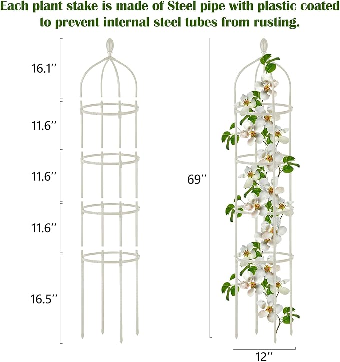 2 Pcs Garden Obelisk Trellis for Climbing Plants Outdoor 6 Ft Rose Bush Round Trellis for Pots Rustproof Metal Pipe with Plastic Coated Plant Flower Trellises for Clematis Vine Jasmine Support
