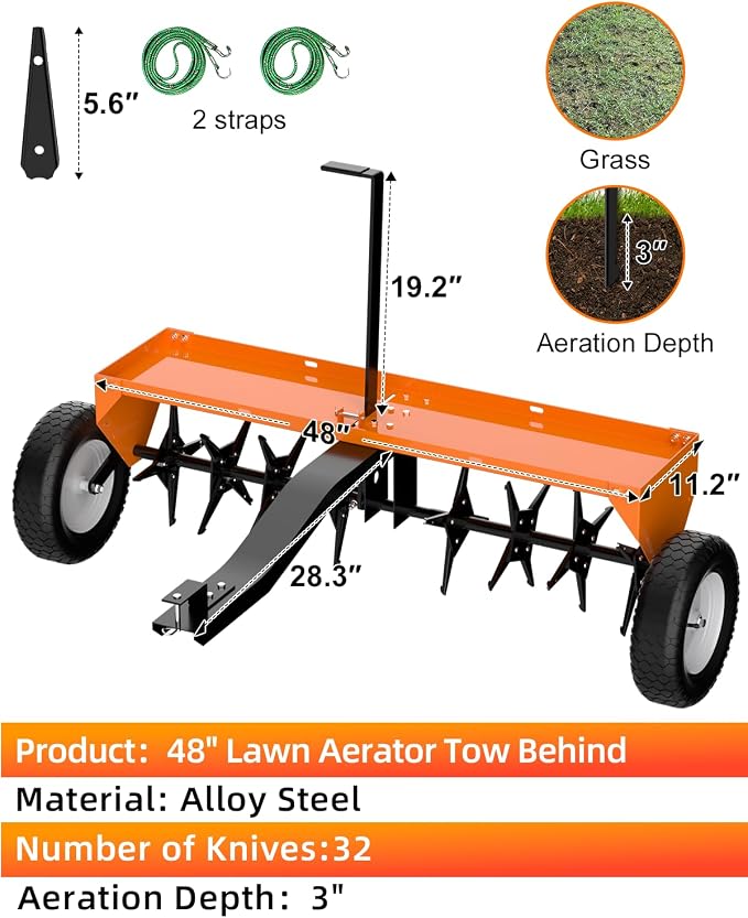48" Tow Behind Aerator, Pull Behind Lawn Aerator Tool with Universal Hich, 32 Rust-Proof Knives & Heavy-Duty Tires, Plug Aerator for Yard & Garden Compacted Soil, Fits Lawn Tractors, ATV, UTV, Orange