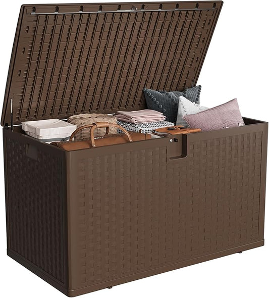 IDEALHOUSE 120 Gallon Resin Deck Box, Waterproof Outdoor Storage Box with Lockable Lid & UV Resistant, Patio Furniture Cushion Storage Container for Garden, Backyard, Poolside (Brown)