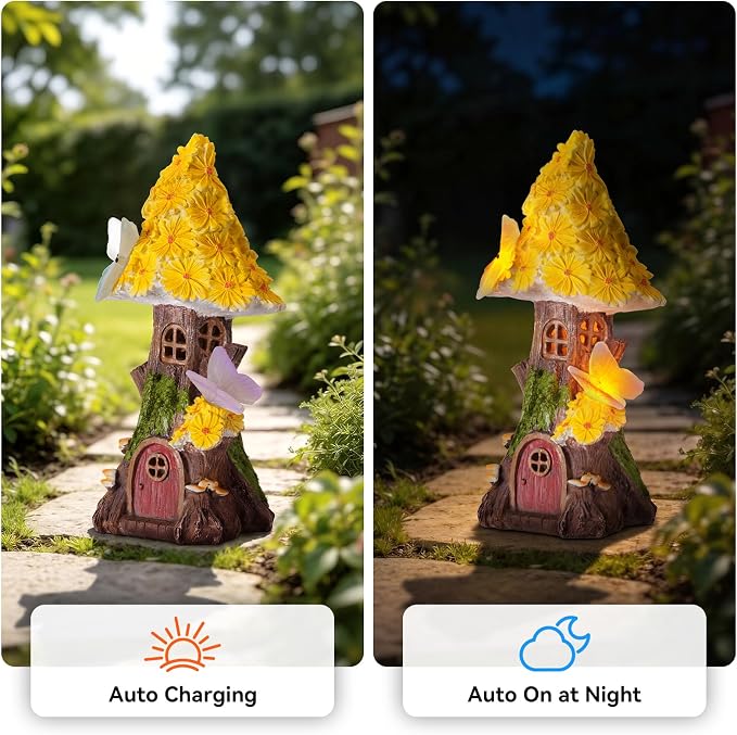 Fairy Garden House, Solar Fairy House for Outside Decor, Mushroom Outdoor Garden Statues for Yard, Lawn, Balcony Patio, Outdoor Figurine Lights Gifts for Mom Women
