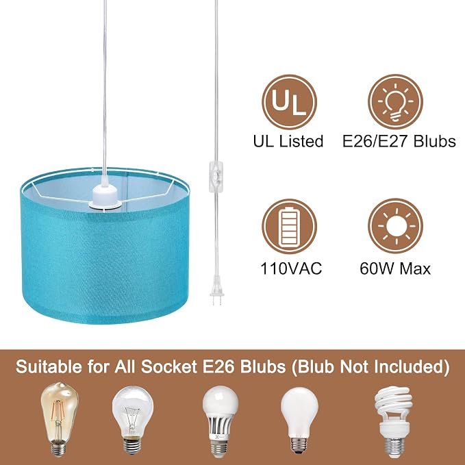 PATIKIL Plug in Pendant Light, 15Ft Rope Cord Hanging Lamp Fixture with ON/Off Switch, Linen Fabric Shade E26/E27 Bulb Socket for Bedroom Kitchen Living Room, Dark Blue