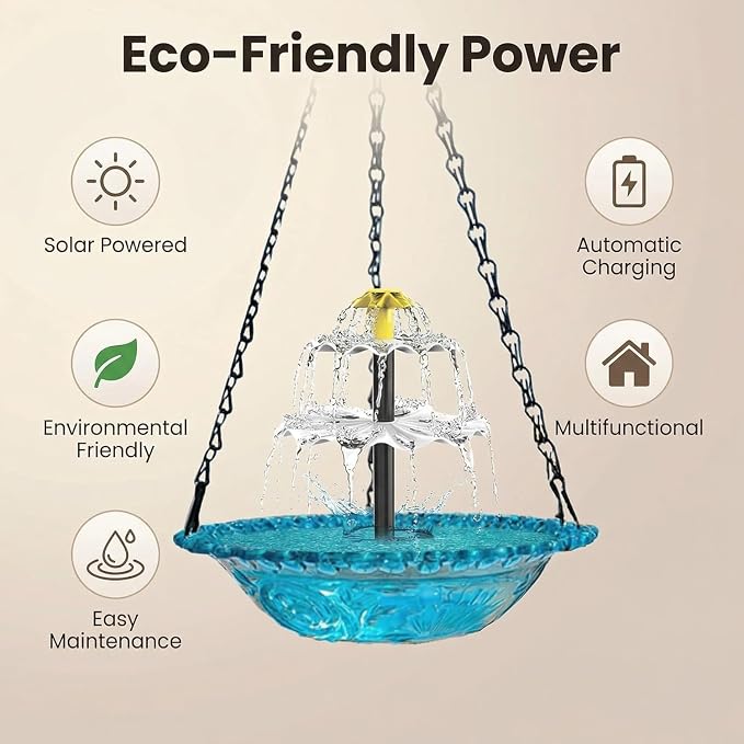 2026 Hanging Solar Bird Bath Fountain,3 Layers Hanging Bird Bath for Outside with Solar Fountain,Flowing Water Solar Pump & Plastic Bowl, for Outdoor, Gardens