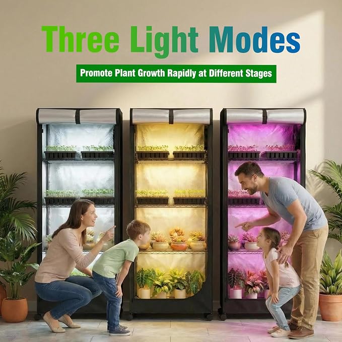 Indoor Greenhouse with Grow Light - 5 Tier DIY Plant Shelf with Cover, 4 Pack 48W Full Spectrum Grow Lights with Timer & 3 Color Mode for Indoor Plants, Seed Starting, Seed Tray 22x11.8x61 Inches
