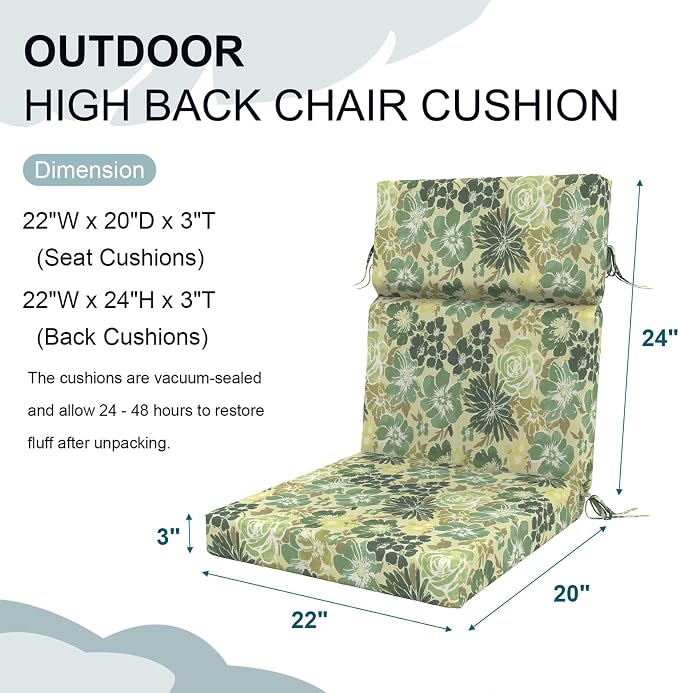 DYTXIII Outdoor High Back Chair Cushions Set of 2, 44"x22" Water Repellent Patio Seat Cushions with Elastic Sponge, All Weather Chair Pads for Rocking, Dining Chairs, Patio Furniture - Green Rose