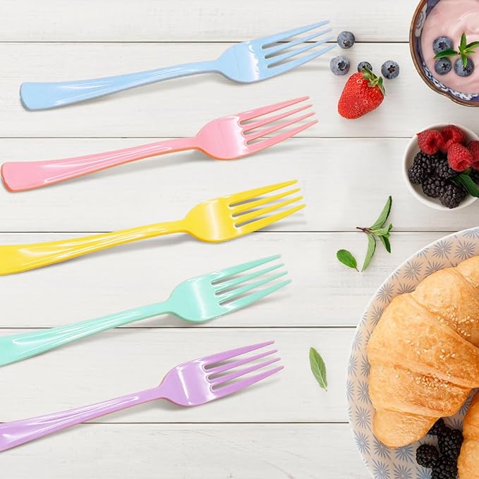 50 Pcs Pastel Plastic Forks, Pastel Plastic Silverware, Heavy Duty Plastic Cutlery Set Disposable Utensils Sets for Brithday, Wedding, Tea Party, Garden Party