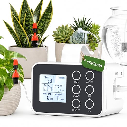 BAOSHISHAN 15 Potted Indoor Plant Watering System, Plug-in & Rechargeable | 30-Day Battery Power, 2 Emitter Types Fit All Plants, Indoor Plant Waterer with Easy Programmable Timer for Vacation Travel