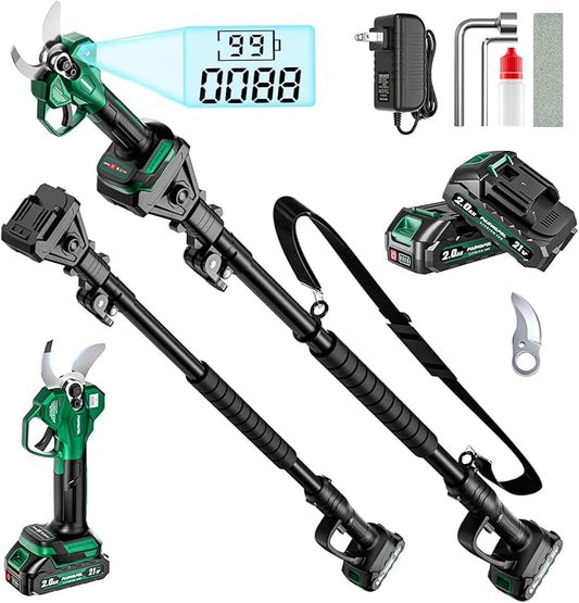2-in-1 Electric Pruning Shears with Extension Pole, 1.6" Cutting Diamete Cordless Electric Scissors with Brushless Motor, Dual 2.0Ah Batteries, LCD Display, Sk7 Blade for High Branch & Garden Trimming