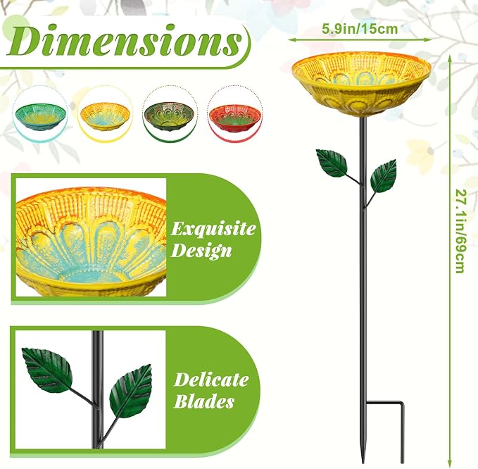 4PCS Flower Bird Baths for Outdoors, 5.9" Metal Hummingbird Bath with Adjustable Stake, Colorful Garden Birdbath Decor Set for Outside Yard Lawn Patio﻿(Datura)