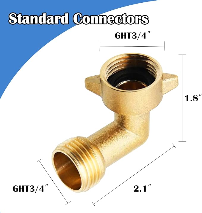 Hourleey 2 Pack 90 Degree Garden Hose Elbow Connectors, 3/4" Brass Hose Elbow with 2 Washers, Hose Adapter for RV Water Hookups Residential Outdoor Faucets