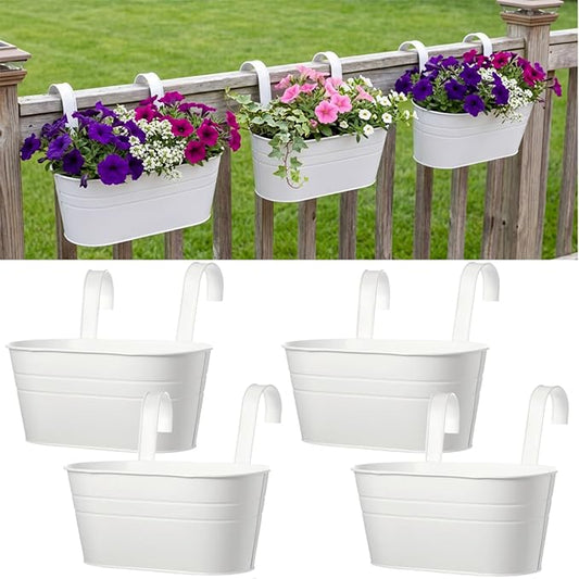 Hicarer Metal Hanging Flower Pots for Railing Fence, Large Hanging Rail Planters for Outdoor Window Balcony Plants Holder with Hooks for Garden Yard Home Decor(White,4 Pcs)