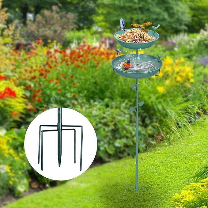 Bird Bath for Outside with 2 Bird Decor, Hummingbird on Pole & Sparrow on Bowl, 38.5 Inch Height Garden Birdbath, 12 Inch Antique Green Freestanding Birdfeeder Bath for Yard Patio