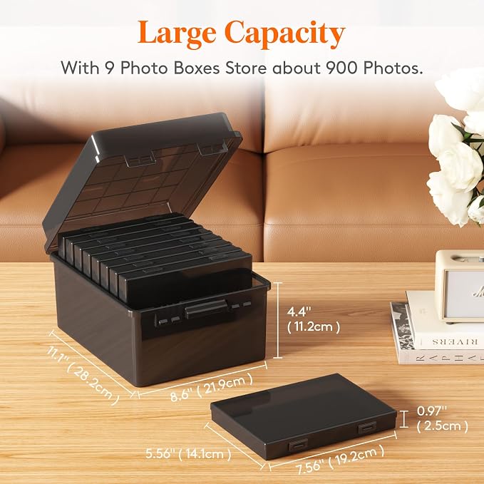 Lifewit 1 Pcs Photo Storage Set with 9 pcs 5"x7" Inner Photo Box& 28 x 22 cm/11x8.5 Transport Case, Craft Organizer for Seed Cards Pictures Office Supplies with 1 Sheet Label Sticker, Black