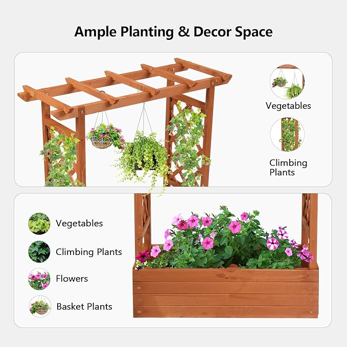 VINGLI Raised Garden Bed with Trellis & Hanging Roof, Wooden Elevated Planter Box with Drainage Holes for Outdoor Climbing Plants Vegetables Flowers, Patio Yard Balcony (Teak, Medium)