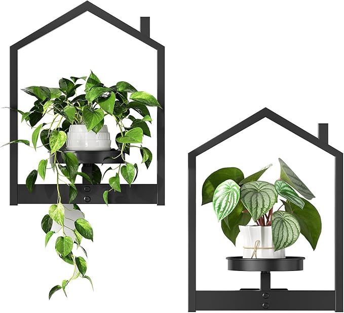HOOBRO Hanging Planters for Indoor Plants, Wall Plant Holder Set of 2, Plant Hanger Indoor Window Plant Shelves, Metal Frame, Space Saving, for Living Room Outdoor Entryway, Black BK08HJP201