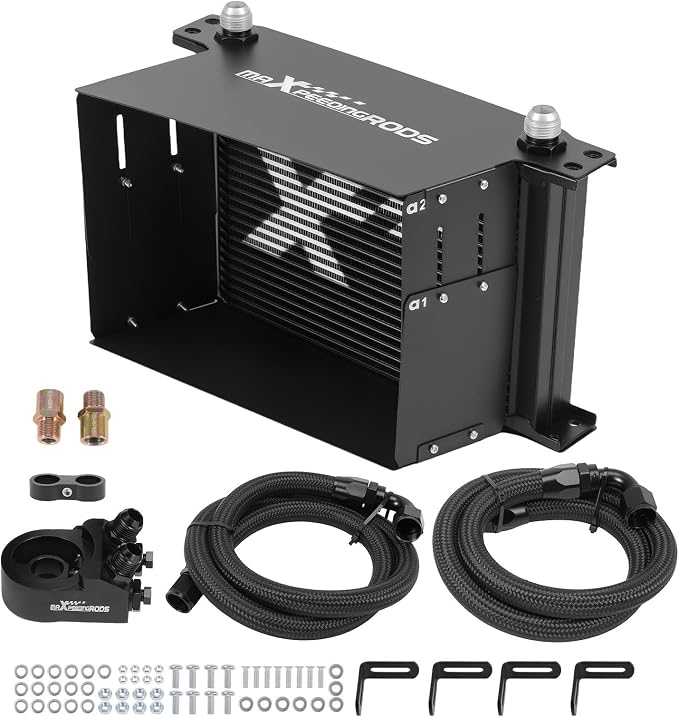 maXpeedingrods 25 Row Engine Oil Cooler Kit, 10AN Transmission Engine Cooler British Radiator Universal Aluminium Black, Thermostatic Oil Filter Sandwich Adapter, Air Guide Kit and Oil Cooler Hoses