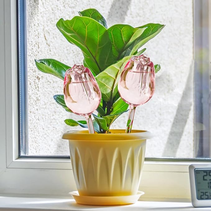 2Pcs Tulips Self Plant Watering Globes, Glass Self Watering Planter Insert, Automatic Plant Waterer Devices Indoor Outdoor (Pink)