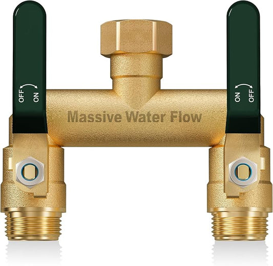 Hose Splitter 2 Way Heavy Duty, Full Flow Garden Hose Splitter with 2 Long Metal Handles, Brass Rust and Freeze Resistant Water Hose Bib Splitter, T Adapter Connector with 3/4 - Inch GHT Thread（Green）