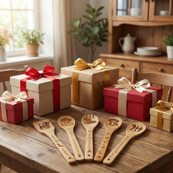 5Pcs Unique Dachshund Print Bamboo Spoon for Cooking - Wooden Spoons with Keychain Dachshund Decor Kitchen Utensils Gifts for Women Mom Couple Wife Hostesses House Warming