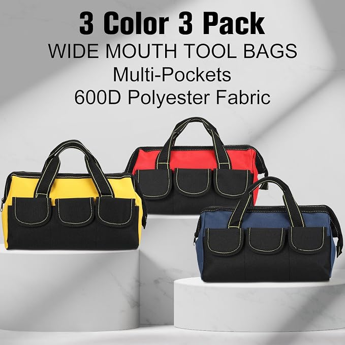 Sanwuta 3 Pack Tool Bag for Men with Waterproof Hard Bottom, Heavy Duty Tool Bag Wide Mouth Tote for Various Instrument, Electrician Carpenter Mechanic(Blue, Red, Yellow,18 Inch,Classic)